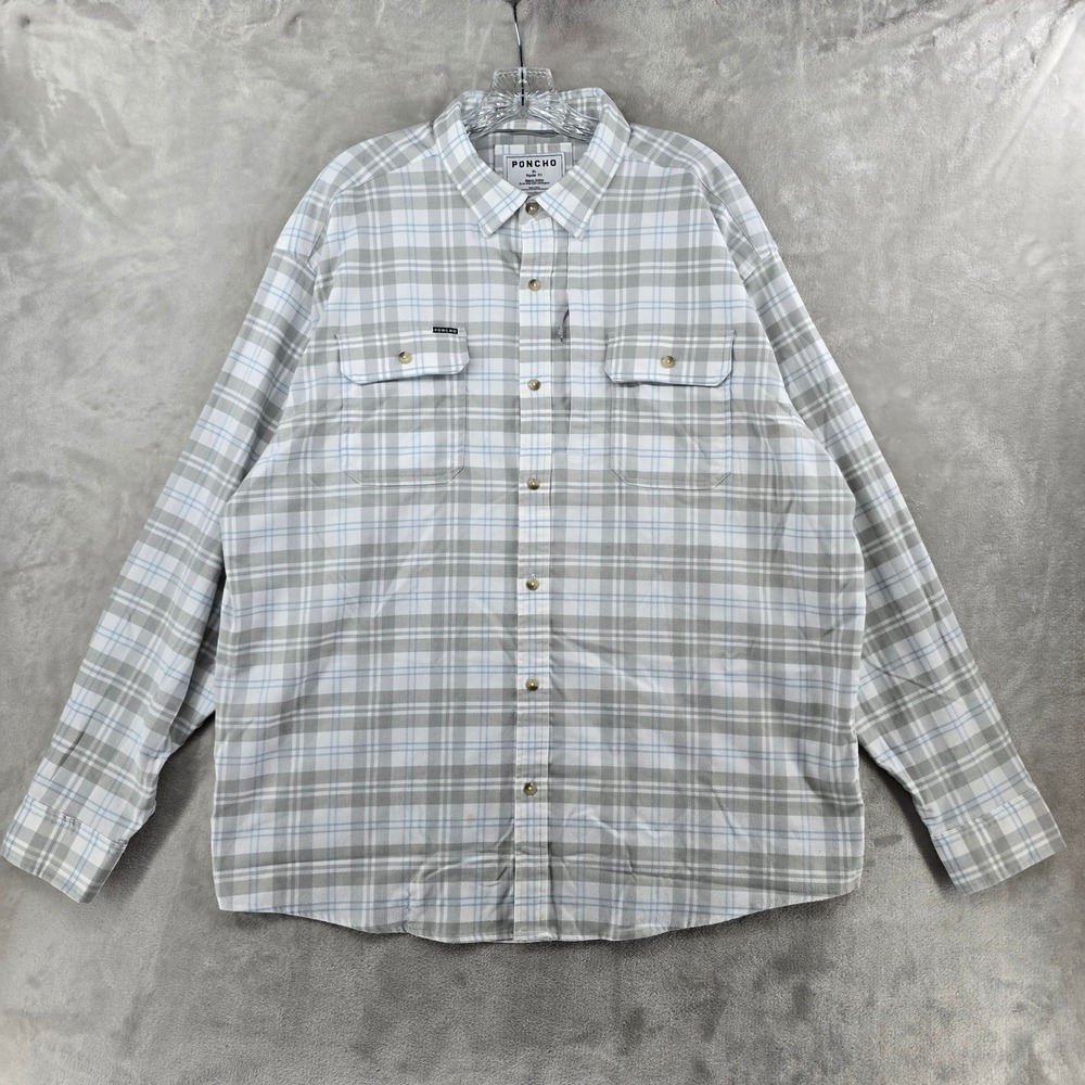 Poncho Flannel Shirt Mens XL Gray Plaid Magnetic Pockets Long Sleeve Regular